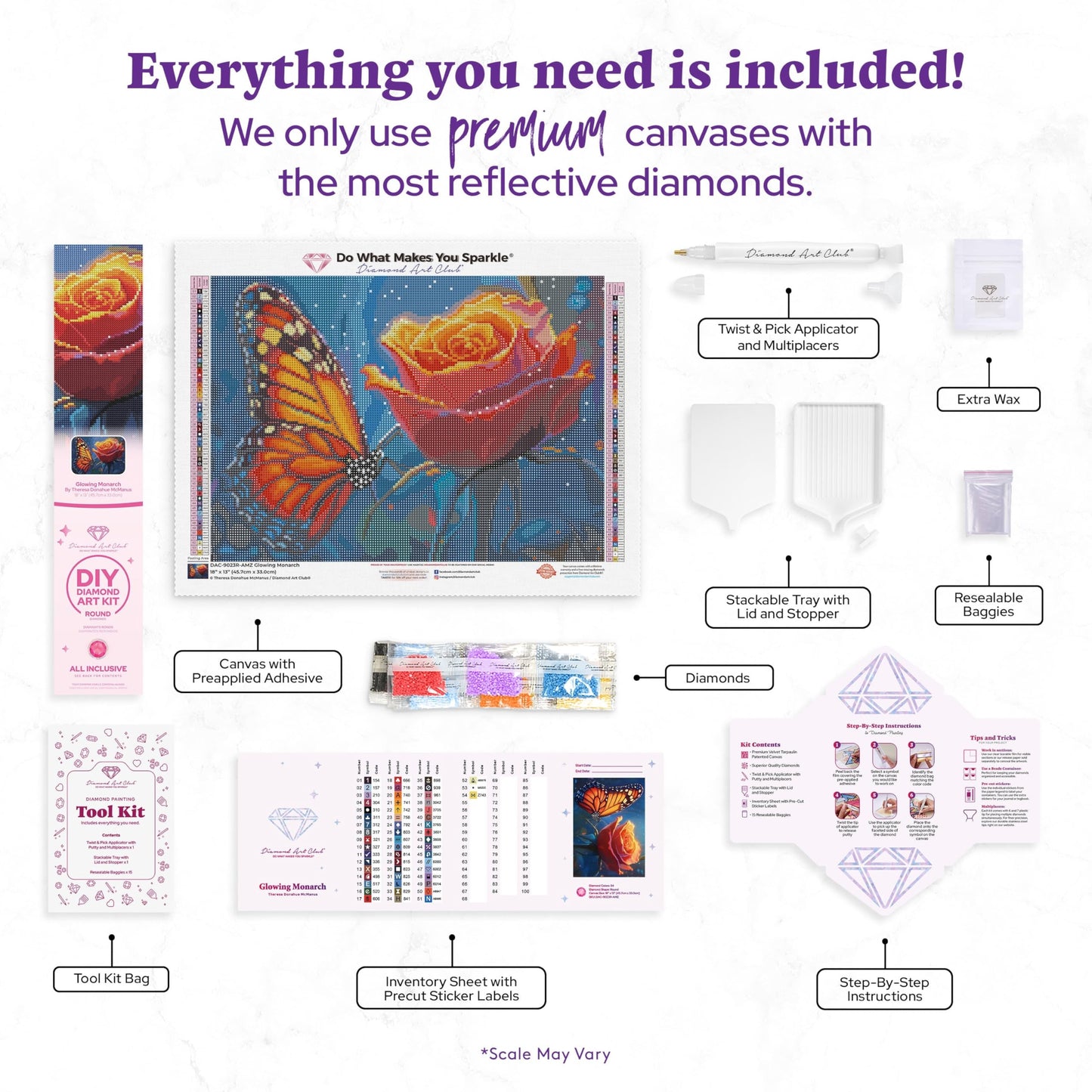 DIAMOND ART CLUB Glowing Monarch Diamond Painting Kit, Fun DIY Crafts for Adults, Round Diamond Art Canvas, 18" x 13" (45.7 cm x 33 cm)