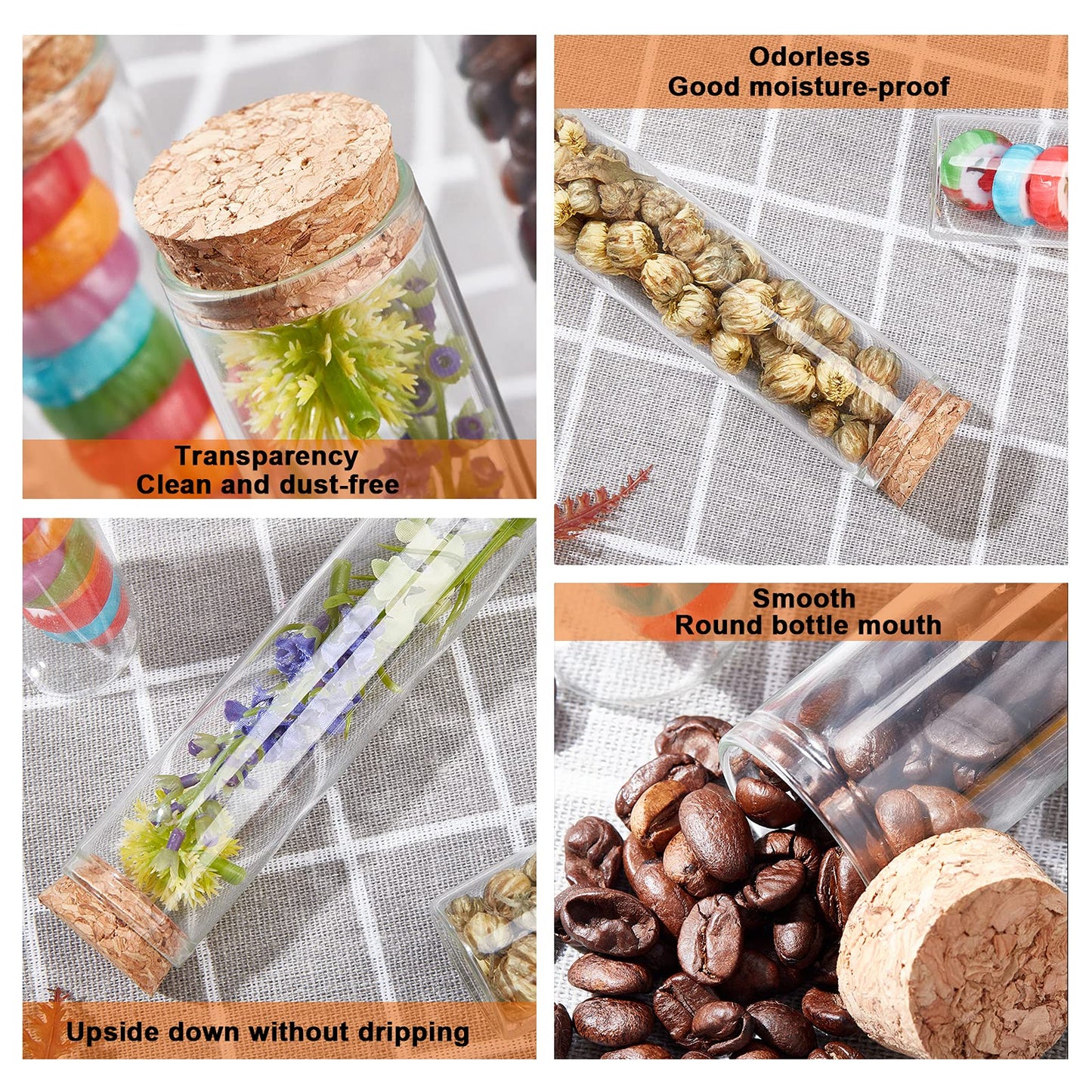 BENECREAT 10 Pack 60ml Glass Test Tube with Cork Stopper Clear Flat Mini Glass Bottles Jars for Wedding Party Favors, Candy, Spices, Beads, Mother's Day Home Decor