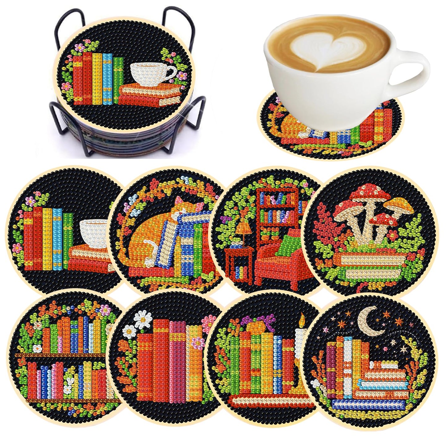 Puraikcmi 6pcs DIY Diamond Painting Kits Coasters with Holder, Diamond Art Coasters by Number for Kids and Adults Full Drill Round Mosaic Stitch Art Craft Supplies (Book Diamond Art Coasters)