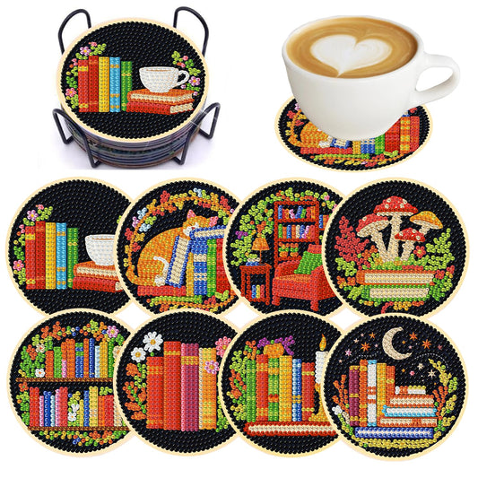 Puraikcmi 6pcs DIY Diamond Painting Kits Coasters with Holder, Diamond Art Coasters by Number for Kids and Adults Full Drill Round Mosaic Stitch Art Craft Supplies (Book Diamond Art Coasters)