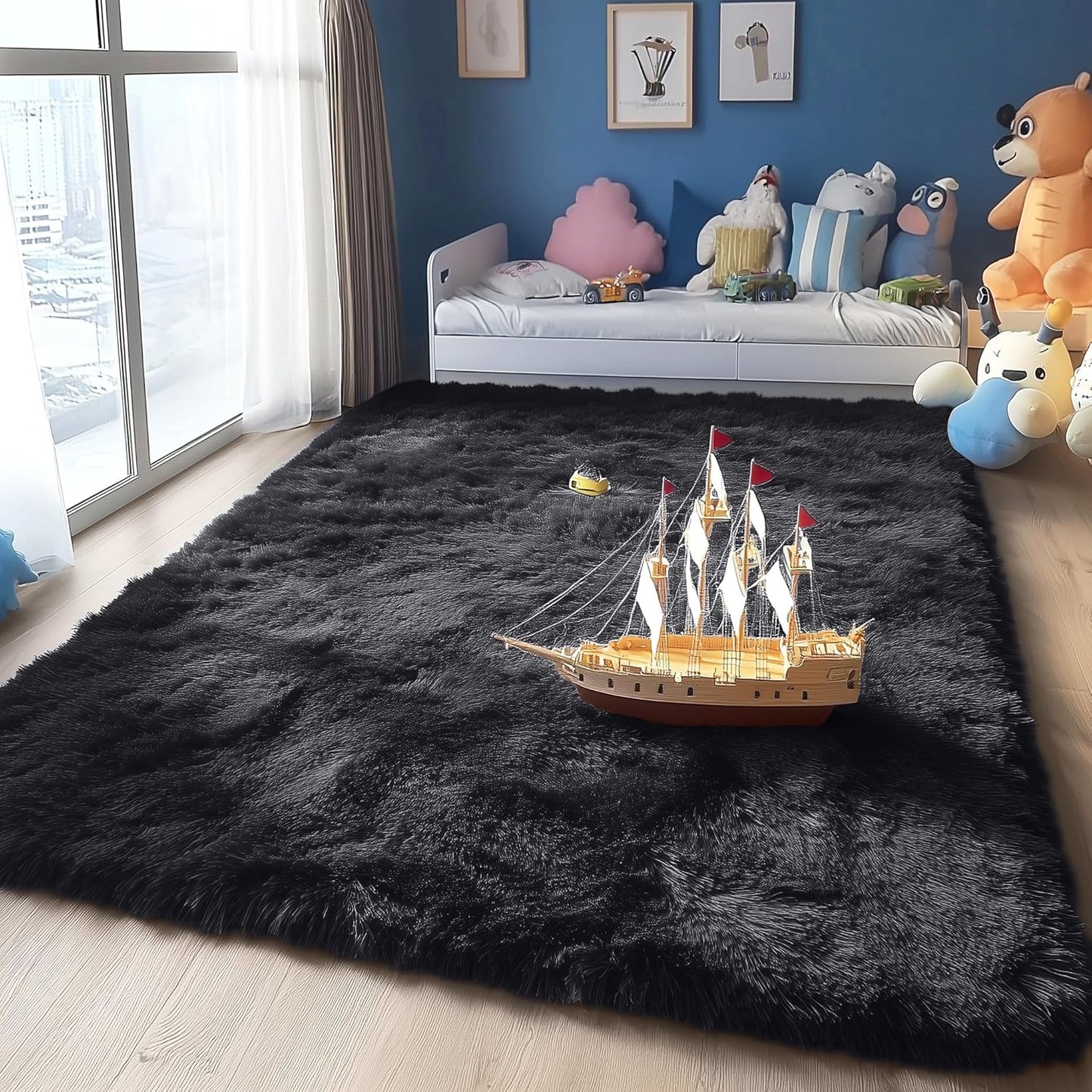 OLANLY Area Rug - Soft Fluffy Shaggy Design for Living Room & Bedroom | Machine Washable, Black 4x8