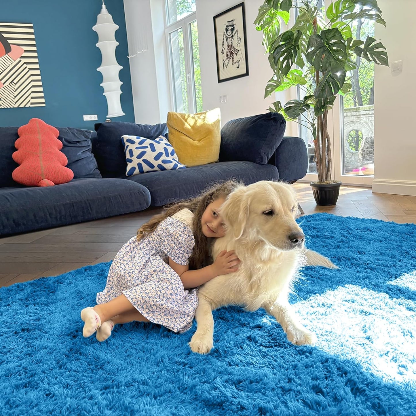 OLANLY Large Area Rug - Soft Fluffy Shaggy Carpet for Living Room & Bedroom | Bright Blue, 5x8 ft