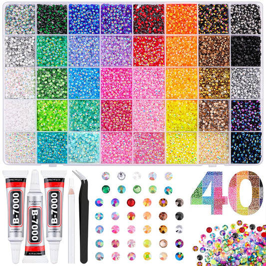 40000Pcs 40 Colors Jelly Rhinestones for Bedazzling, 3mm Multicolor Resin Flatback Gems for Diamond Art, Bedazzler Kit with 3Pcs 10ml B7000 Jewelry Glue for Bedazzle Thing Crafting Book Nail Art