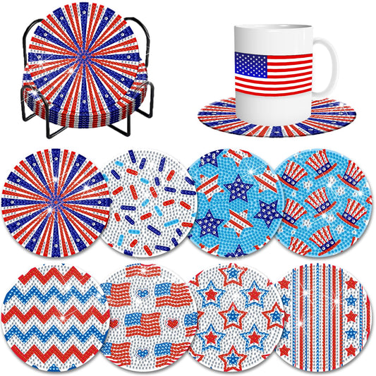 8 Pieces Patriotic Diamond Coasters with Holder DIY Cute 4th of July Diamond Art Coasters 5d Independence Day 5d Diamond Coasters for Beginners Adults Art Craft Supplies Gift