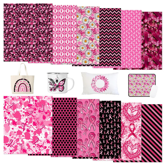 Tintnut Black Pink Ribbon Sublimation Ink Transfer Sheets - 12 Sheets 12"x10"Pink Ribbon Pattern Sublimation Transfer Paper Bundle for DIY Mugs, Tumblers, Key Chain, T-Shirts
