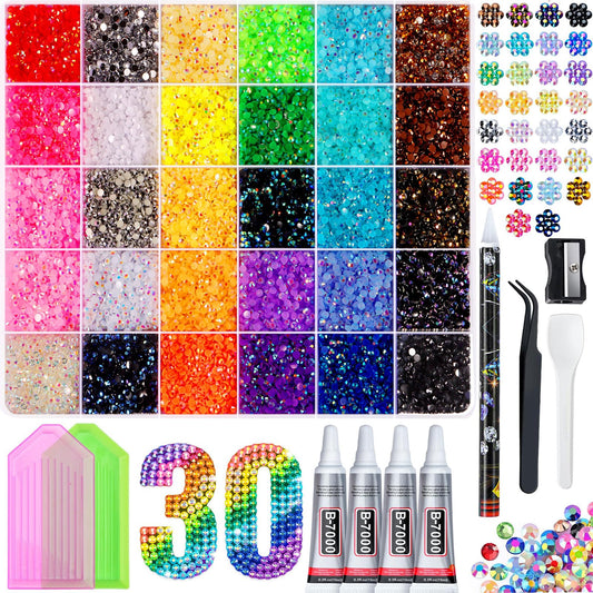 30 Grids Nail Rhinestones Kit with 4Pcs B-7000 Glue, Multi-Color Flat Back Crystal Gems, Tweezers, Picker Pen, 2 Trays & Spatula for Nail Art, DIY Crafts, Face Makeup & Decoration