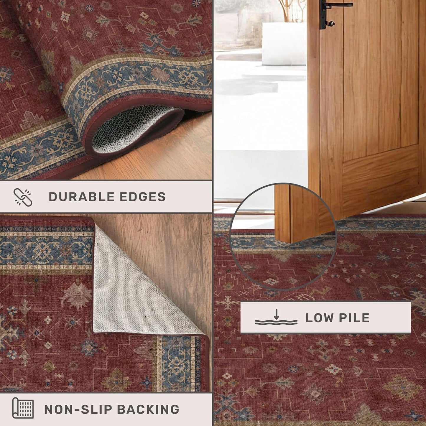 Skiennix 6x9 Dining Room Rug - Vintage Burgundy Boho Design, Lightweight & Washable Carpet