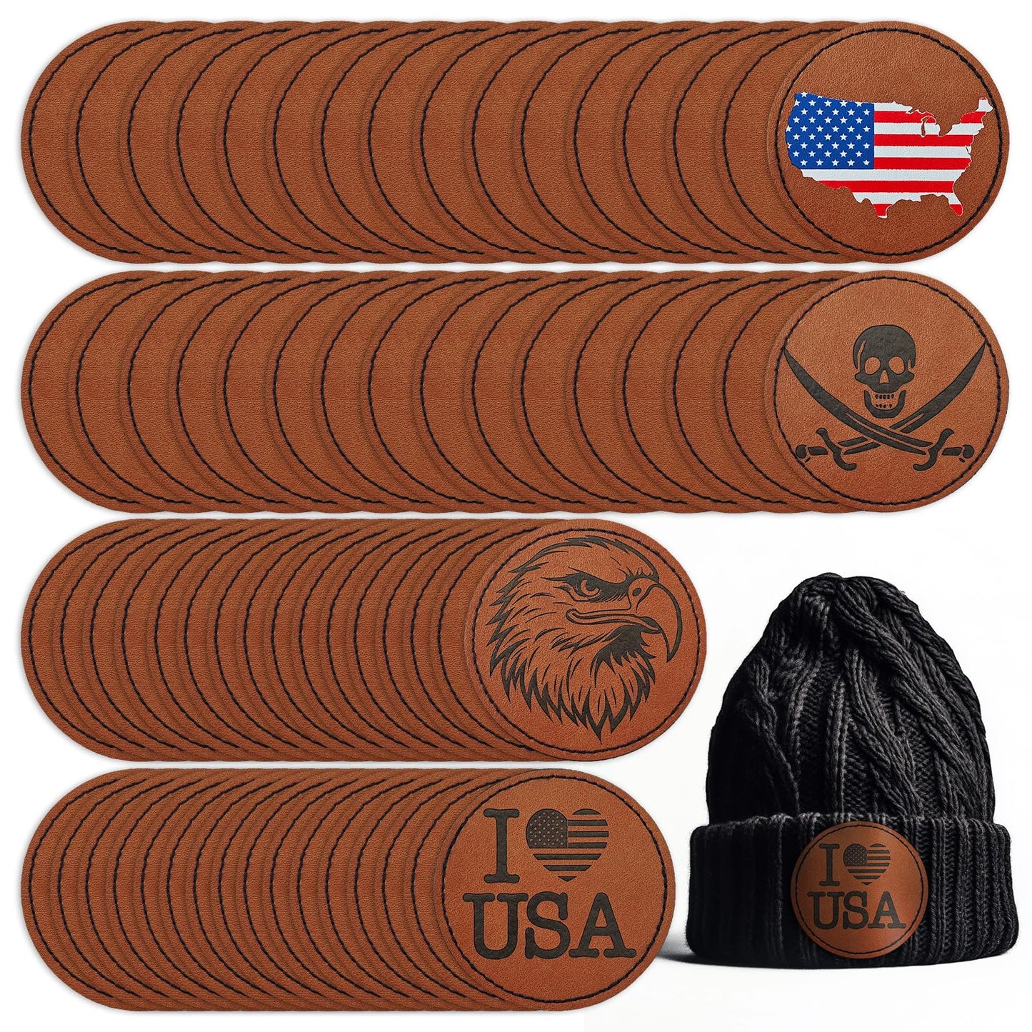 Harsgs 64PCS Blank Leatherette Hat Patches, Retangle Laserable Rustic Leatherette Patch with Adhesive for Heat Press/Transfer Iron-on, Round Light Brown