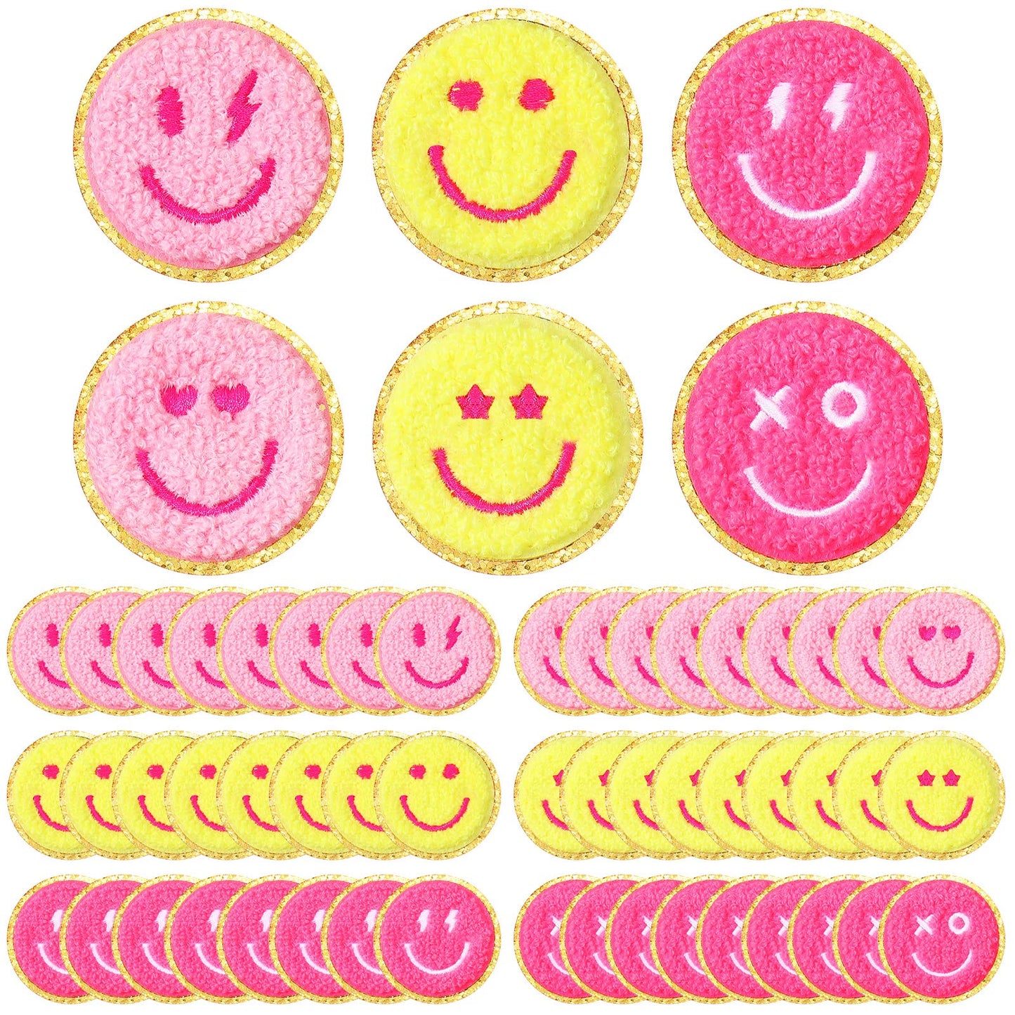 48 Pcs Happy Face Iron on Patches Self Adhesive Smile Face Patch Glitter Chenille Preppy Patches for Hats Backpacks Jackets Dress Clothes DIY Craft Decorative Embroidery