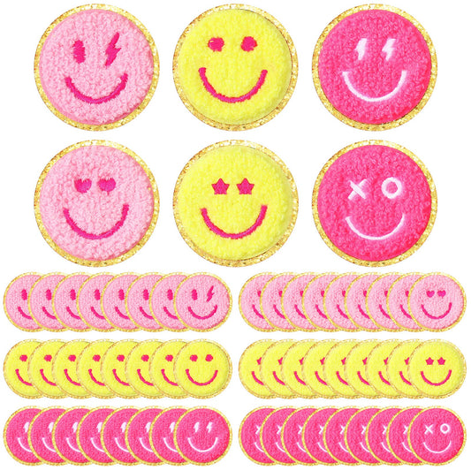 48 Pcs Happy Face Iron on Patches Self Adhesive Smile Face Patch Glitter Chenille Preppy Patches for Hats Backpacks Jackets Dress Clothes DIY Craft Decorative Embroidery