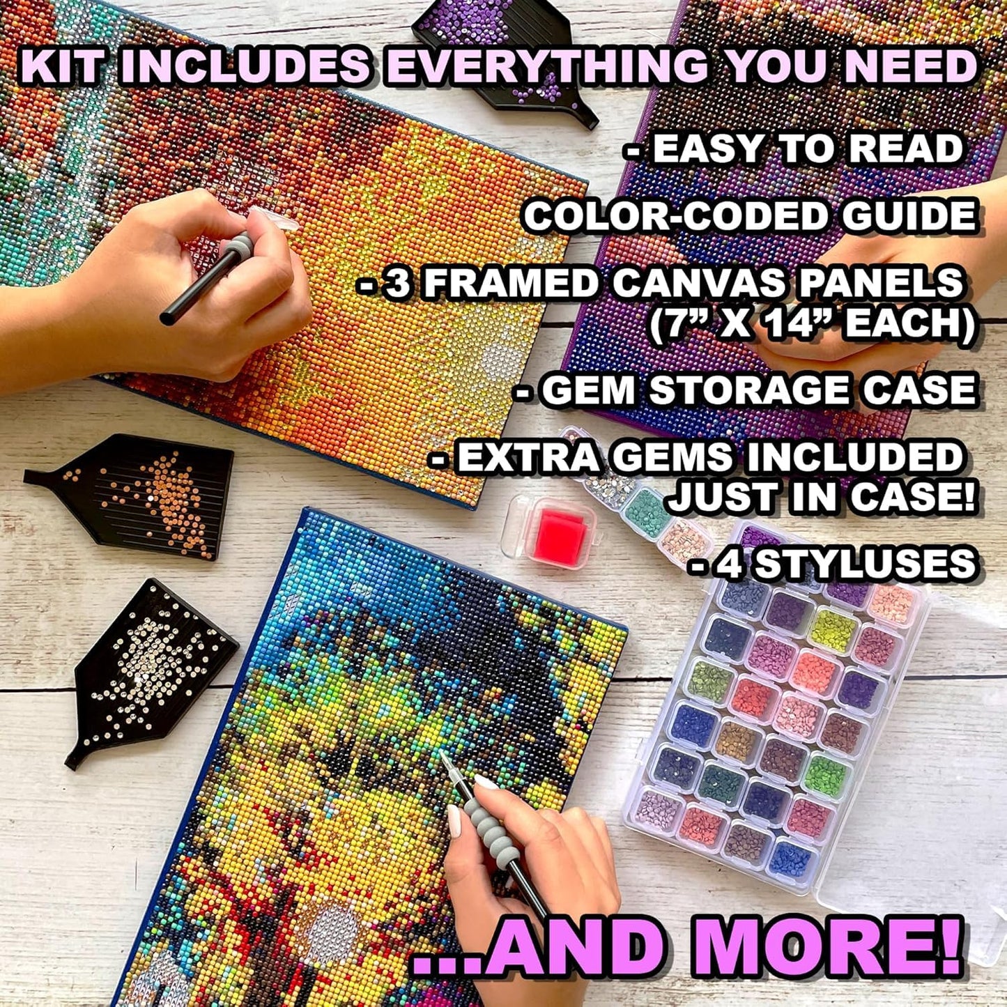 ArtSkills Diamond Painting Kit, Diamond Art Ready to Hang Framed Canvas with Storage and Accessory Kit, Highland Cow, 3 Stretched Canvas Panels, 14” x 7” Each