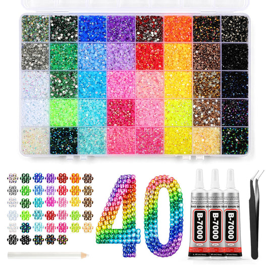 40000 Pcs Resin Jelly Rhinestones for Bedazzling Kit, 40 Colors 3mm Flatback Rhinestones with 3 Pcs B7000 Jewelry Glue & Tools, Bedazzler Kit for Clothes Book Shoes DIY Nails & Art Makeup