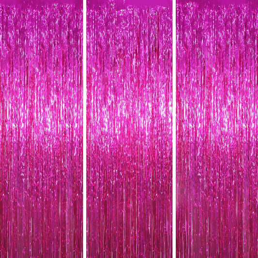 Voircoloria Pink Foil Fringe Backdrop Curtains - 3 Pack Tinsel Streamers for Parties & Events | 3.3x8.2 Feet
