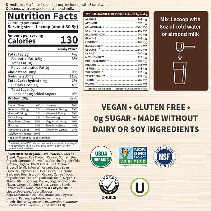 Garden of Life Raw Organic Protein & Greens - Chocolate - Vegan Protein Powder for Women and Men, Plant Protein, Pea Protein, Greens & Probiotics - Dairy Free, Gluten Free Low Carb Shake, 20 Servings