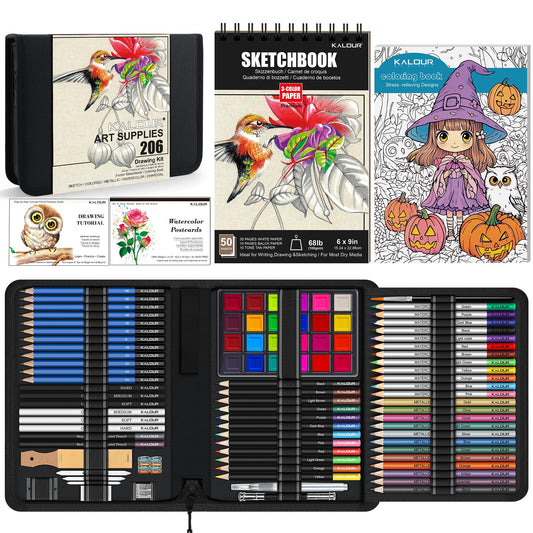 KALOUR 206 Drawing Set Sketching Kit,Art Supplies with 3-color Sketchbook & Coloring Paper,Include Tutorial, Colored, Graphite, Charcoal, Watercolor & Metallic Pencil,for Artists Adults Teens Beginner
