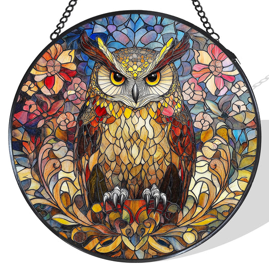 WUHSDIBC Vintage Owl Stained Glass Window Hanging Suncatcher, Owl Ornaments Sun Catcher Indoor Window Decor, Birds Lover Gifts Painted Glass Round Wall Hanging Decorations, 7.8x7.8 in