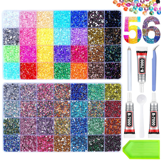61000Pcs 56 Colors Jelly Rhinestones for Bedazzling, 2 Boxes Resin Multicolor 3mm Flatback Gems for Crafting, Bedazzler Kit with 3Pcs 15ml B7000 Jewelry Glue for Crafts Clothes Book Shoes Nail Art