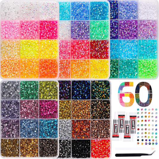 LERBOU 37500Pcs Bedazzling Kit for 60 Colors Rhinestones with 5 Box Diamond Art, 3mm Flatback Gems with 4×10ml B7000 Jewelry Glue Tweezers & Pickup Pen, Perfect for Nail Art, Crafting, Clothing