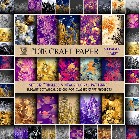 Scrapbook Paper (30 pages 12"x12") Timeless Vintage Floral Patterns: Elegant Botanical Designs for Classic Craft Projects FLONZ Vintage Styled Double Sided Paper Pad for Craft Cardmaking