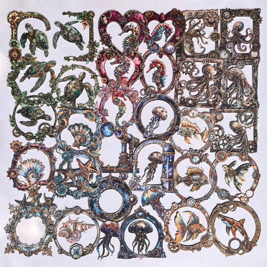 60-Piece Steampunk Ocean Scrapbook Stickers - Self Adhesive Hard Cardstock Victorian Stickers with Nautical Frames, Jellyfish, Seahorses, Fish, Mechanical Elements