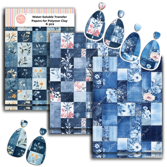 GOTO CLAY TOOLS Jeans Floral Patchwork Clay Transfer Paper – 6 Pcs (4 x 5.5 inch) Polymer Clay Transfer Sheets for Jewelry Making, Crafts & DIY Clay Designs